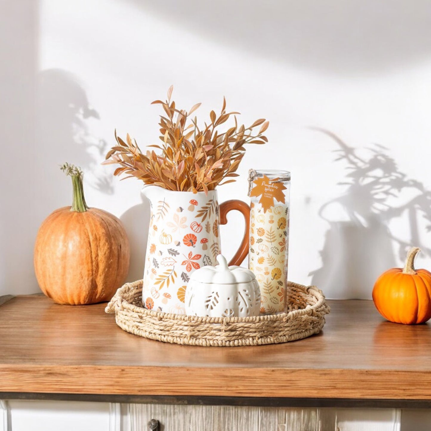 Autumnal Flower Vase with Pumpkins and Leaves - Autumn Flower Jug Vase - Halloween Home Decor