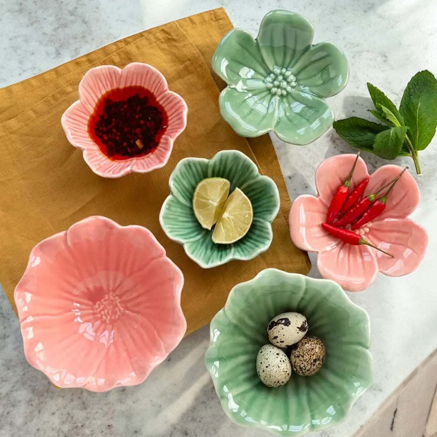 Ceramic Flower Bowls and Plates – Pastel Decorative Dishes for Snacks, Dips & Trinkets