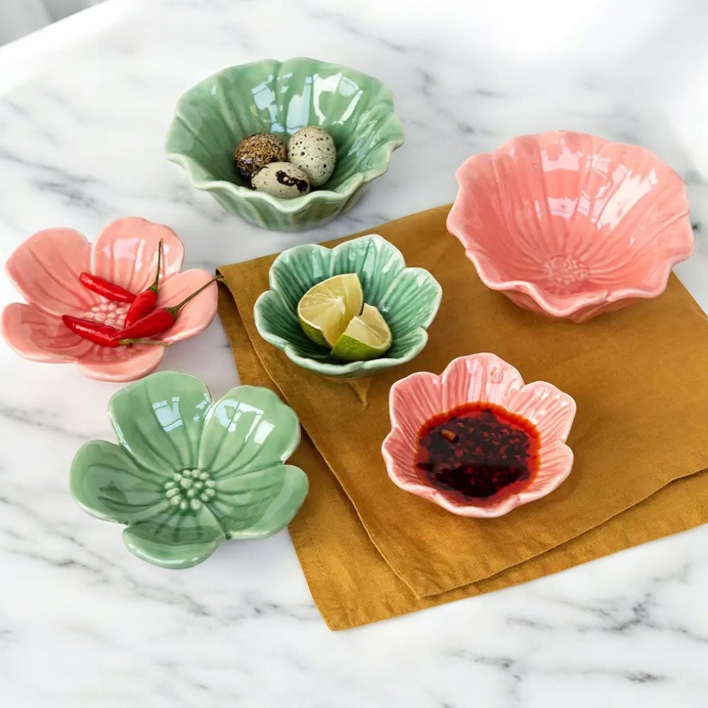 Ceramic Flower Bowls and Plates – Pastel Decorative Dishes for Snacks, Dips & Trinkets