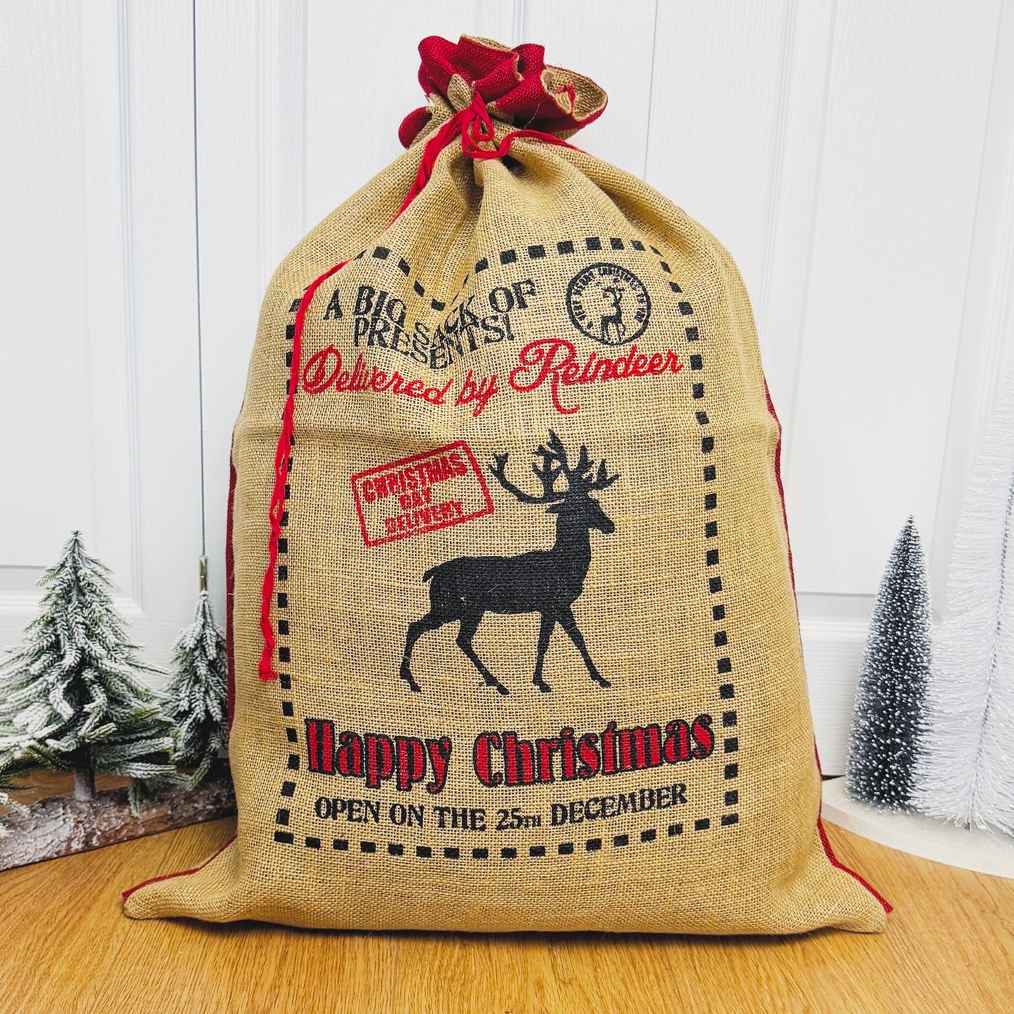 Eco Jute Christmas Gift Sack - Drawstring Christmas Present Sack - Reindeer Gift Bag