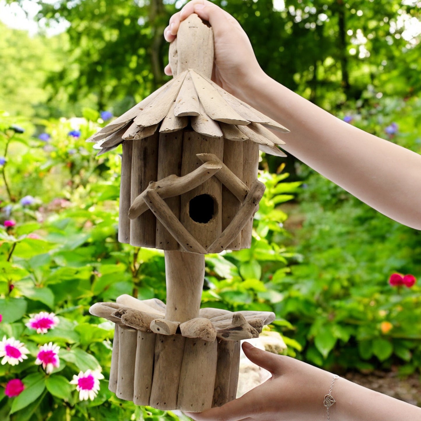 Handmade Driftwood Bird House on Stand – Rustic Wooden Nesting Box for Garden Birds