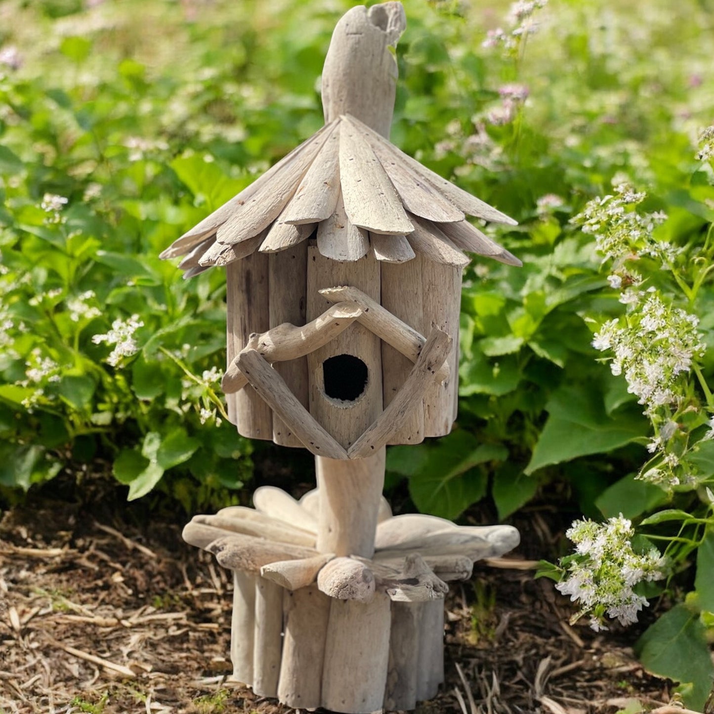Handmade Driftwood Bird House on Stand – Rustic Wooden Nesting Box for Garden Birds