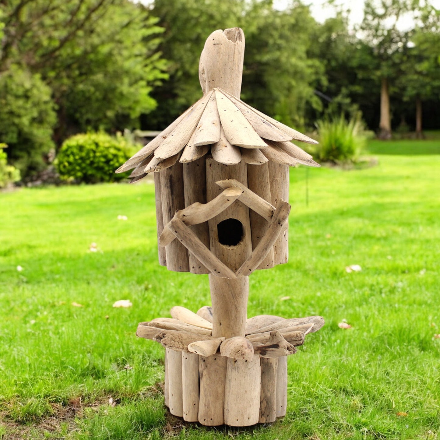 Handmade Driftwood Bird House on Stand – Rustic Wooden Nesting Box for Garden Birds