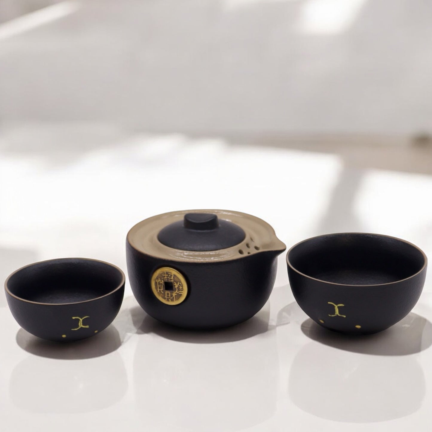 Asian Lucky Coin Tea Set with Tea Pot and Tea Cups