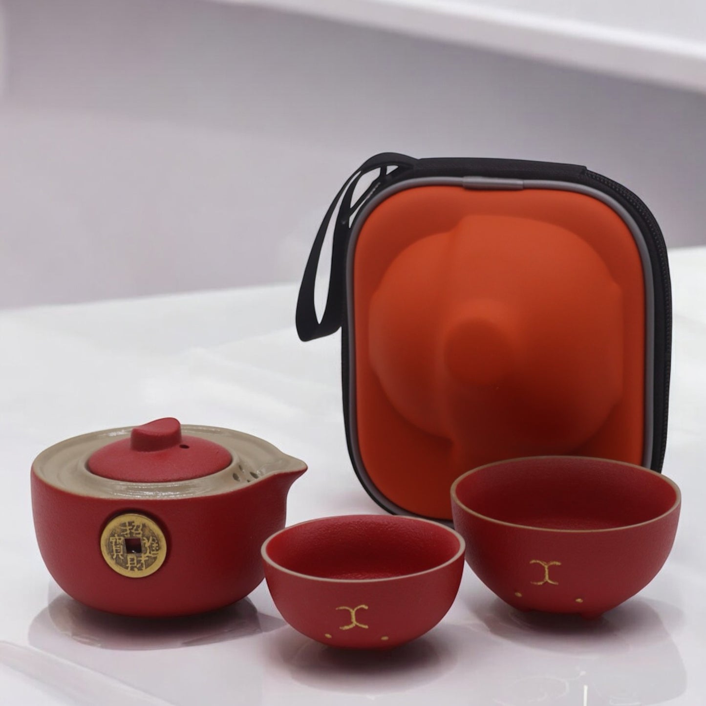 Asian Lucky Coin Tea Set with Tea Pot and Tea Cups