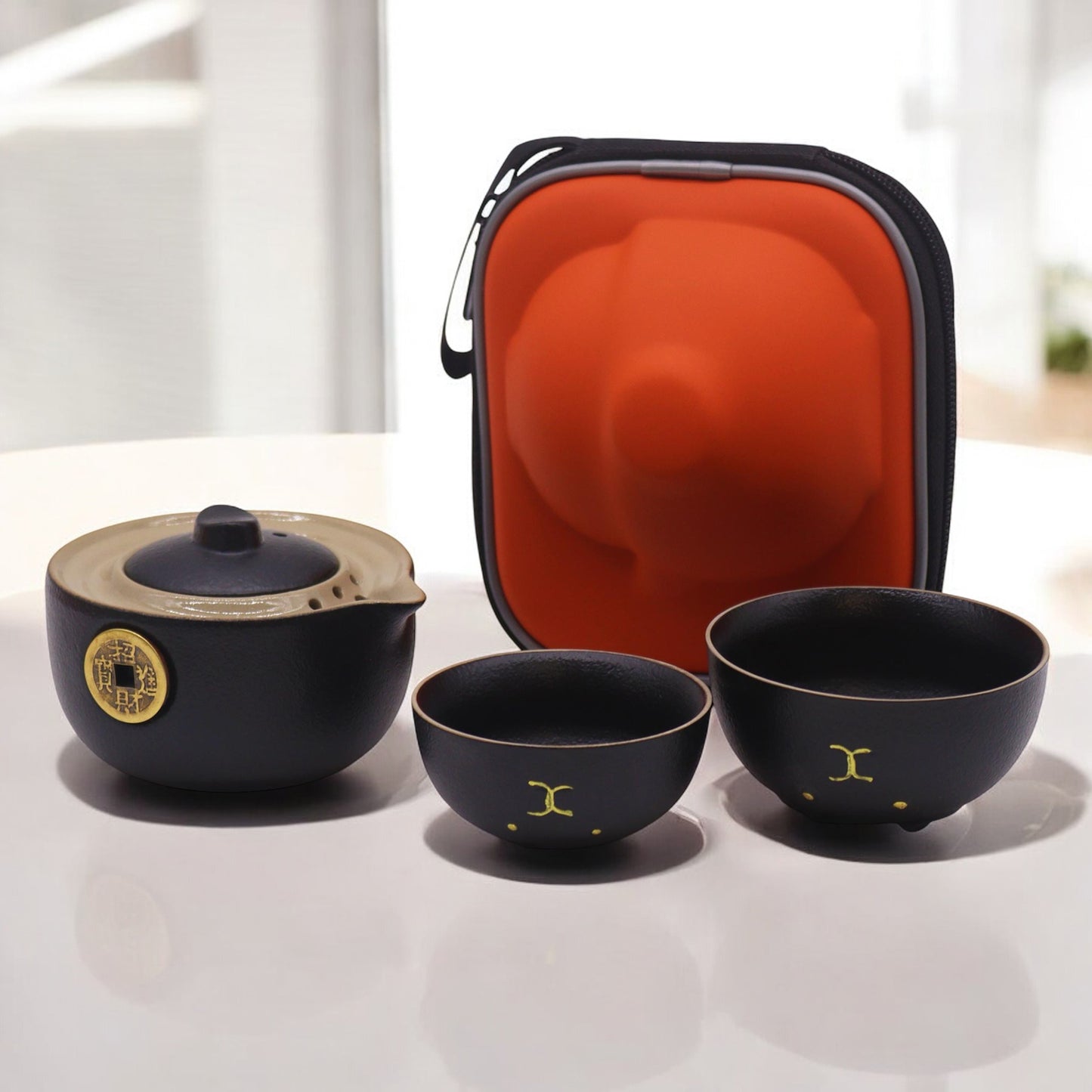 Asian Lucky Coin Tea Set with Tea Pot and Tea Cups