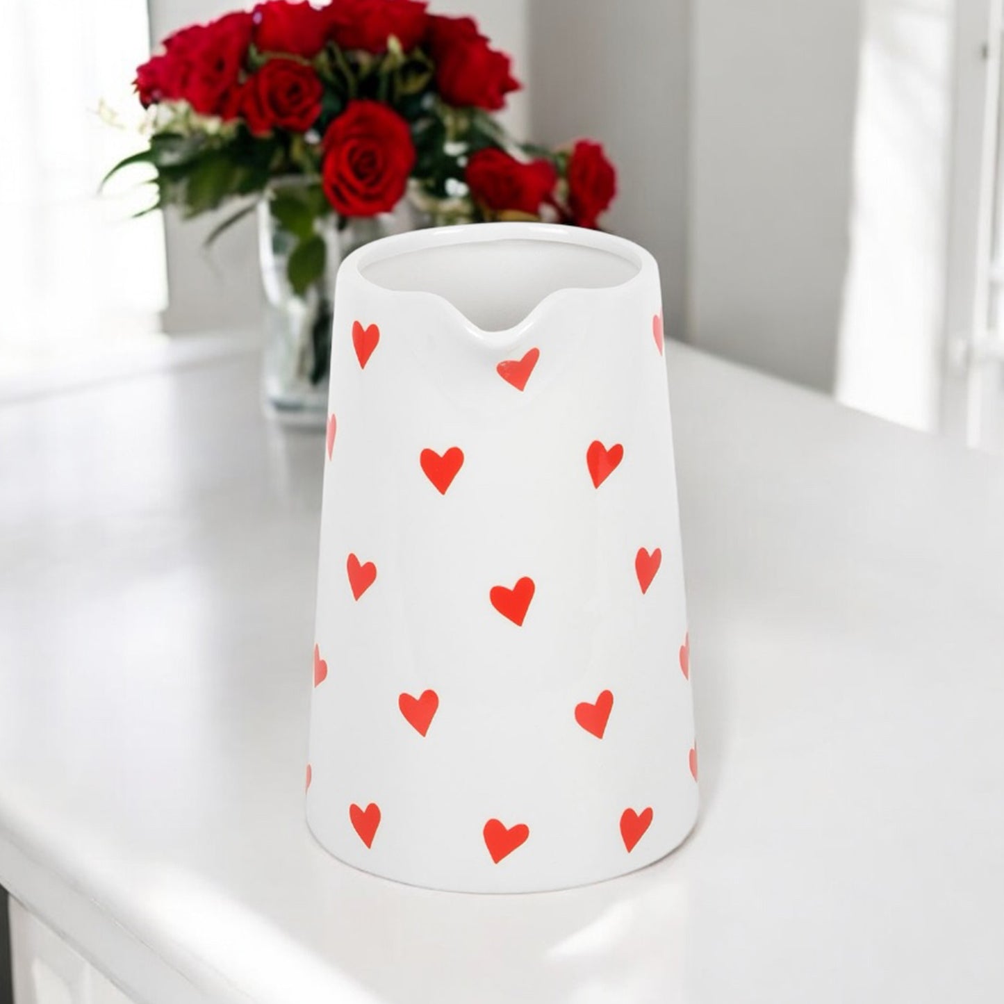 Jug Shaped Flower Vase with Red Hearts - Love Heart Flower Jug Vase