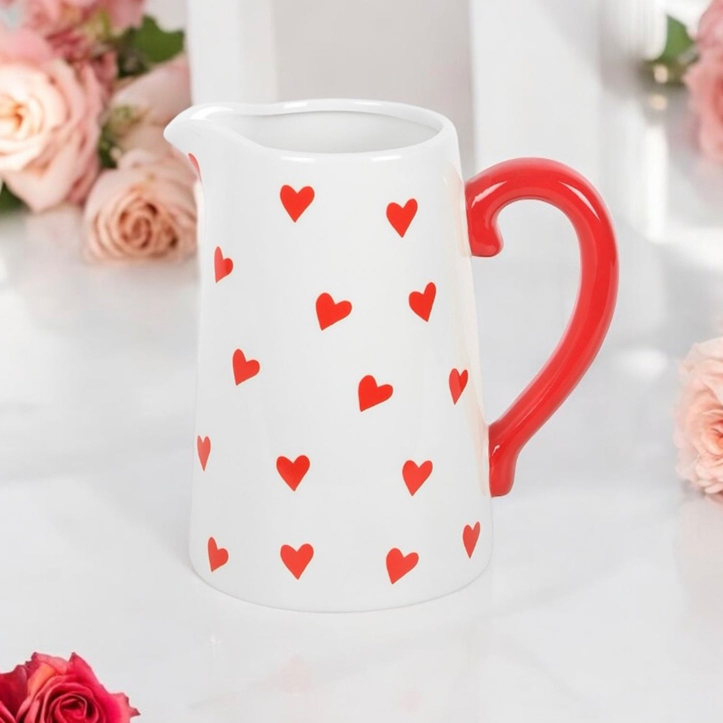 Jug Shaped Flower Vase with Red Hearts - Love Heart Flower Jug Vase