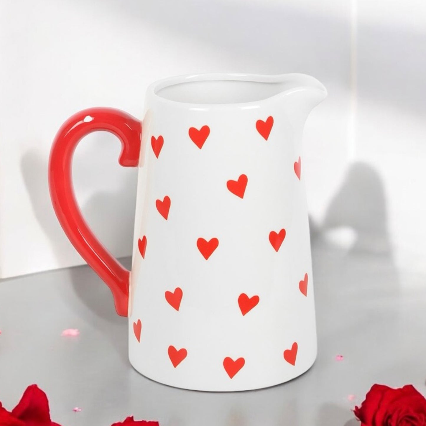 Jug Shaped Flower Vase with Red Hearts - Love Heart Flower Jug Vase