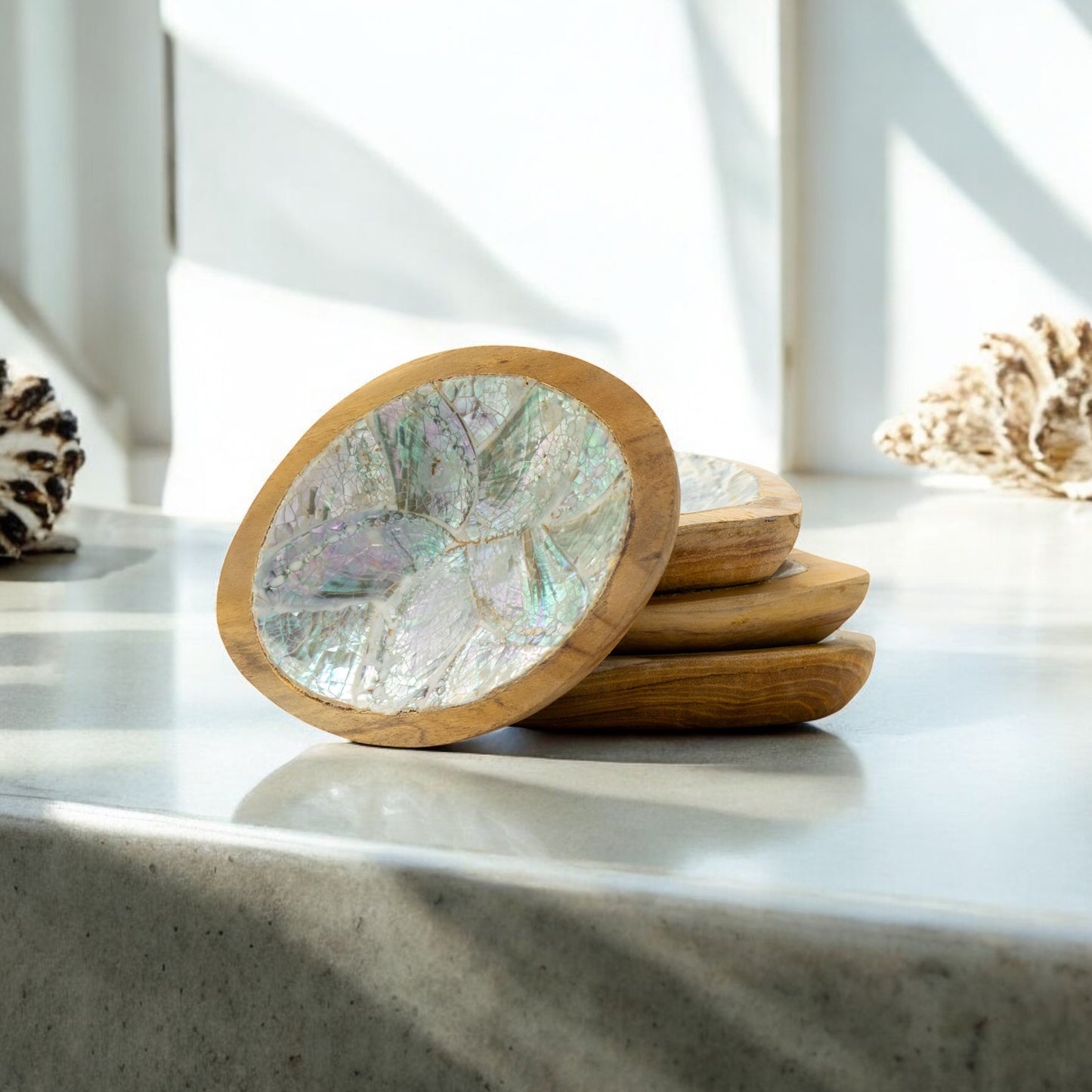 Set of Four Sea Shell Bowls - Decorative Bowls - Wooden Trinket Trays