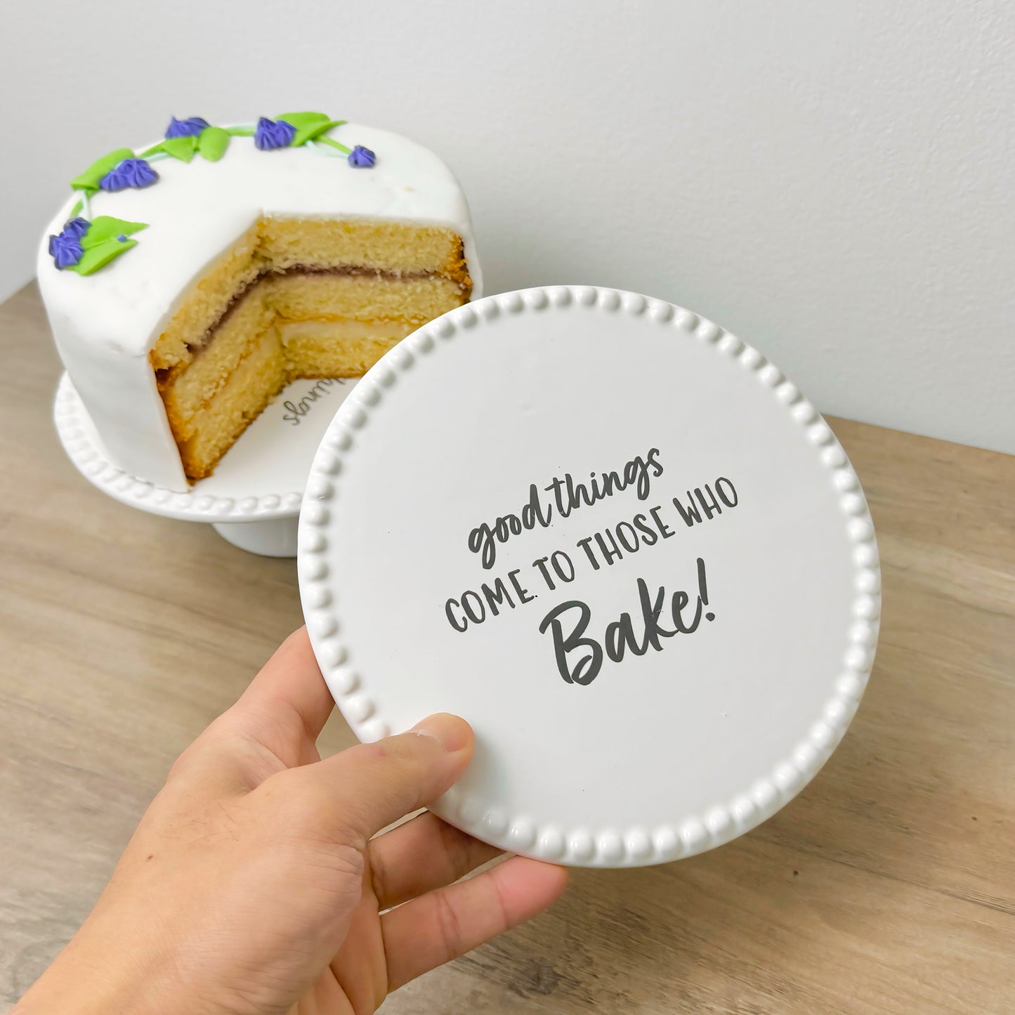 White Ceramic Cake Stand – “Good Things Come to Those Who Bake” Cake Plate