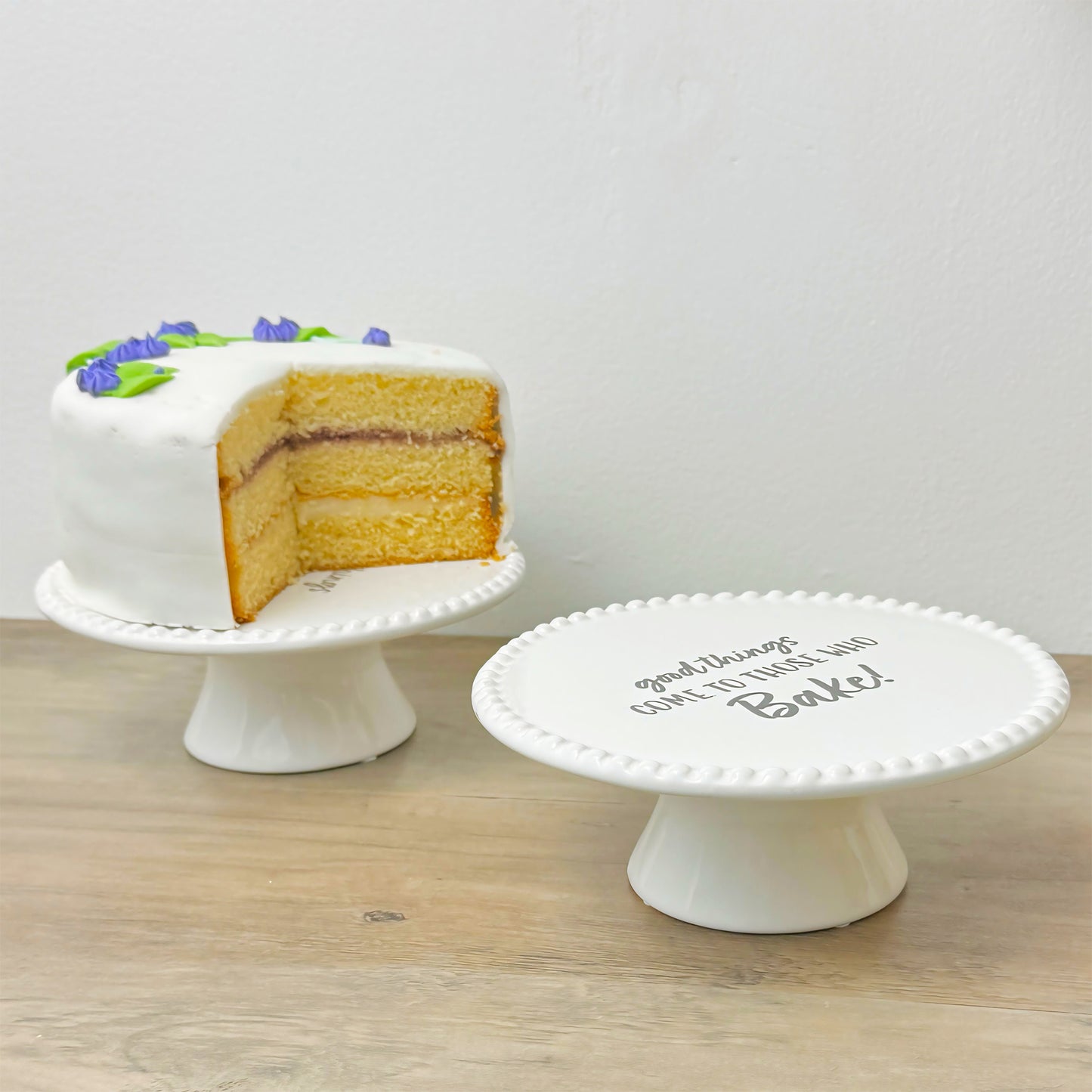 White Ceramic Cake Stand – “Good Things Come to Those Who Bake” Cake Plate
