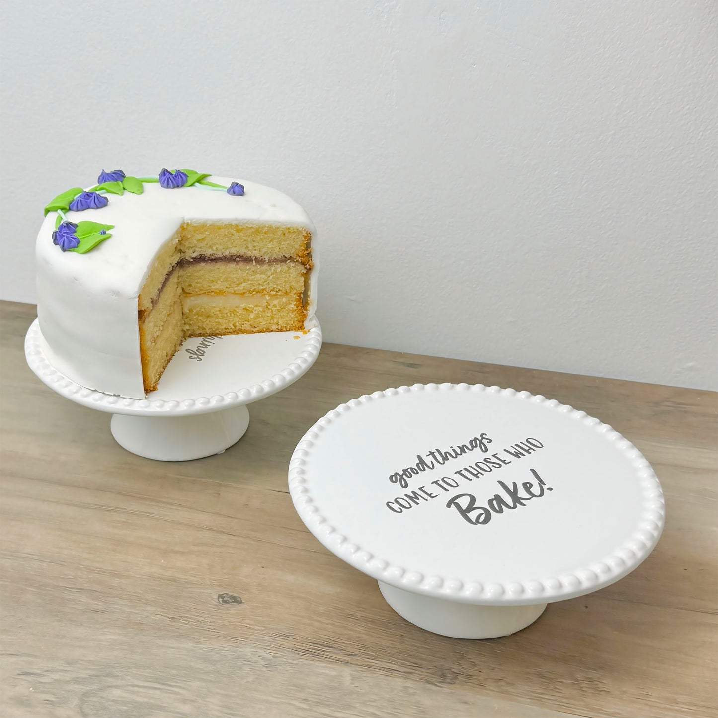 White Ceramic Cake Stand – “Good Things Come to Those Who Bake” Cake Plate