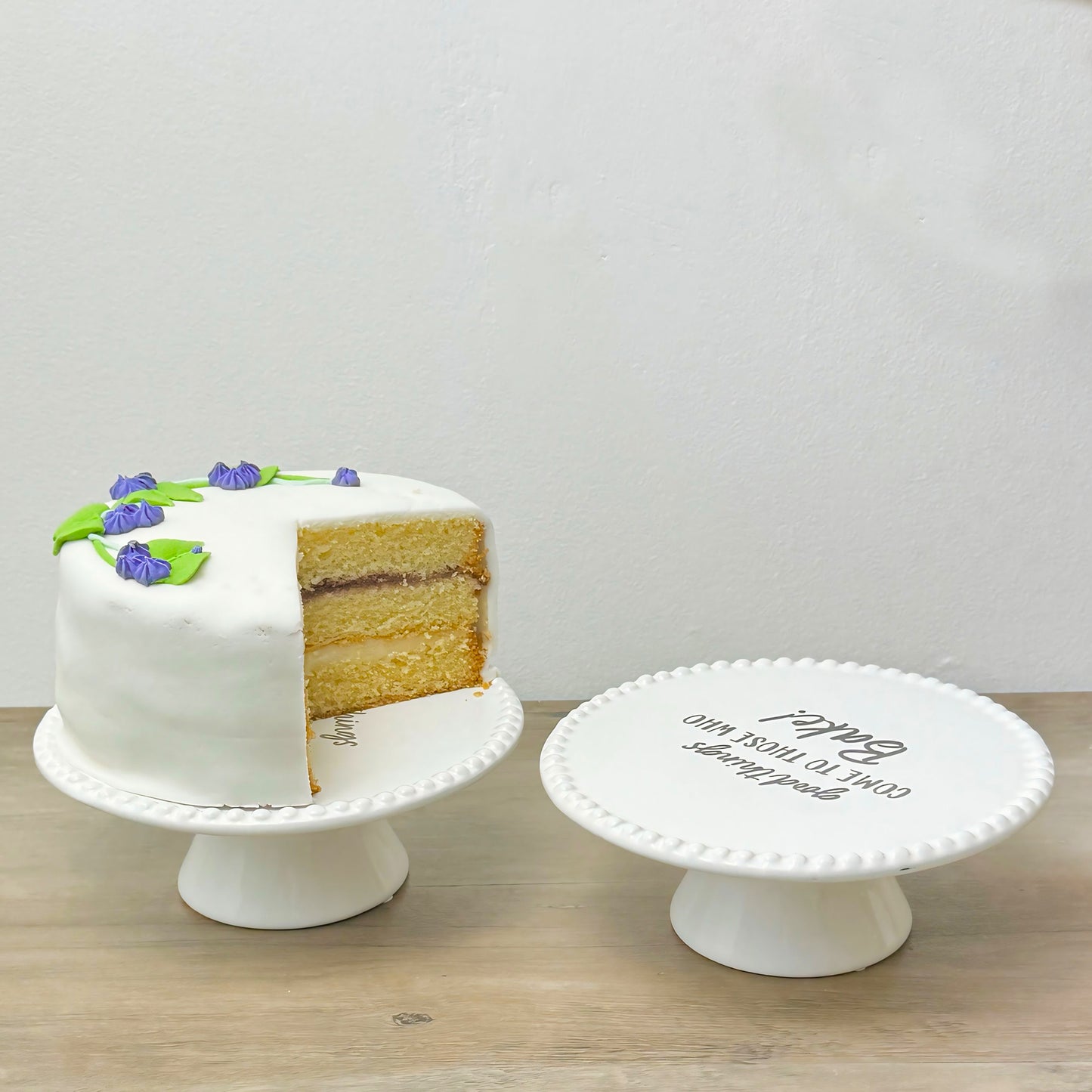 White Ceramic Cake Stand – “Good Things Come to Those Who Bake” Cake Plate