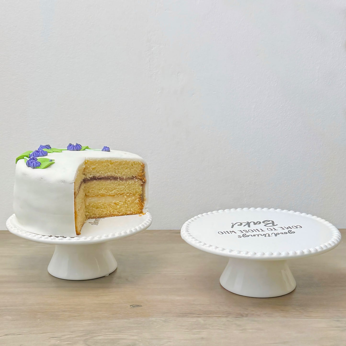 White Ceramic Cake Stand – “Good Things Come to Those Who Bake” Cake Plate