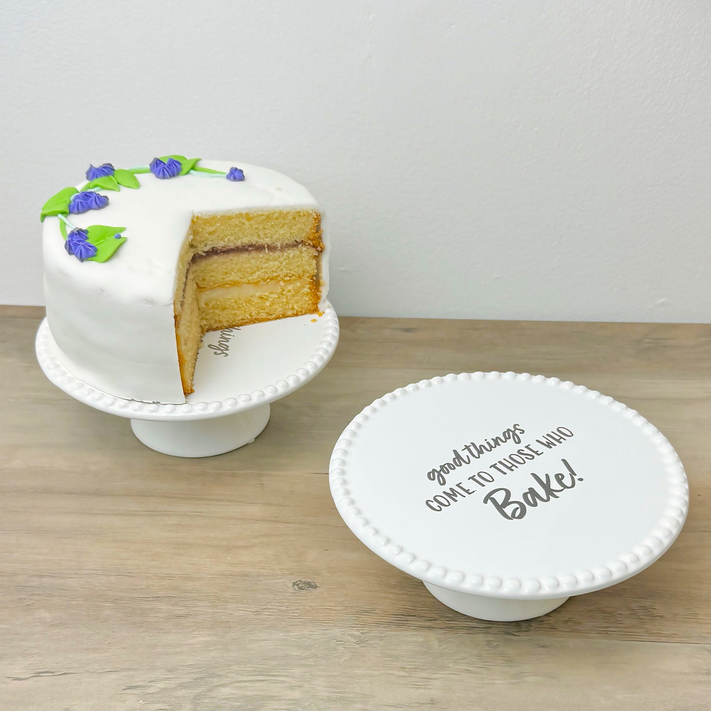 White Ceramic Cake Stand – “Good Things Come to Those Who Bake” Cake Plate