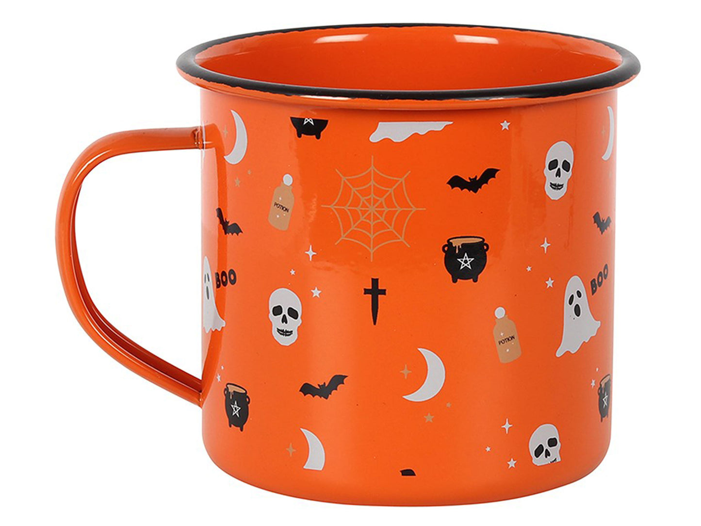 Halloween Mug in Orange with Black Bats, Cauldrons and Skulls - Enamel Coffee Cup