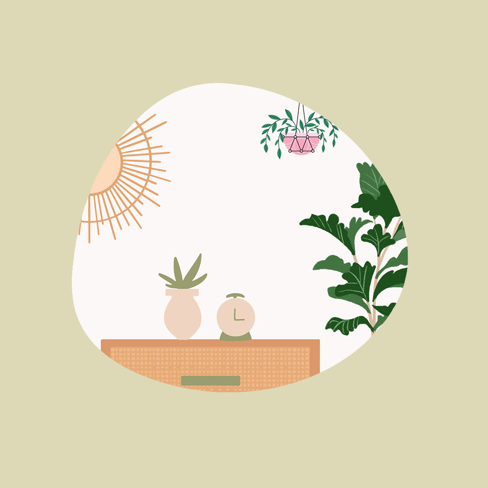 a graphic of a room beautifully decorated with rattan console and green plants with hanging macrame plant.