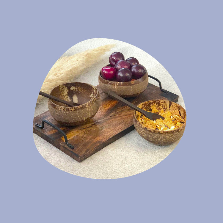 Breakfast served in an eco friendly coconut bowls and wooden spoon.