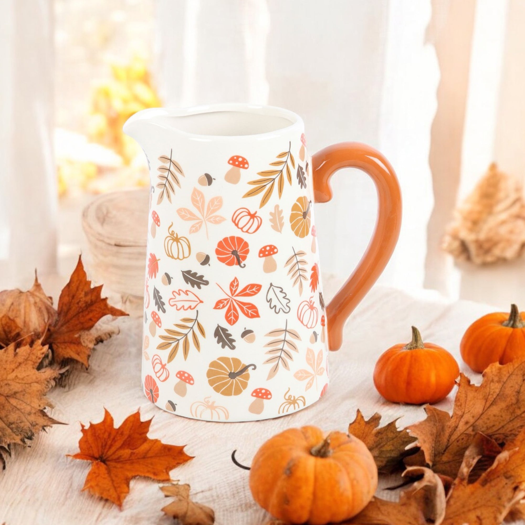 Autumnal Flower Vase with Pumpkins and Leaves - Autumn Flower Jug Vase - Halloween Home Decor