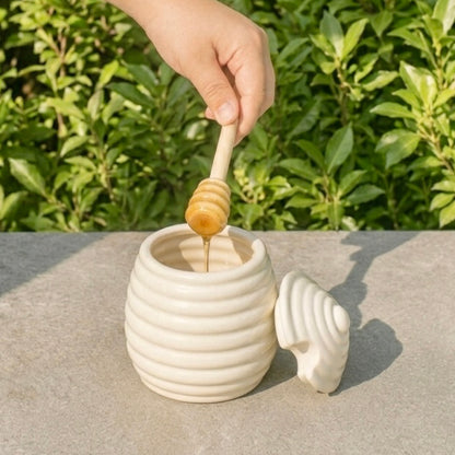Beehive Shaped Honey Pot and Wooden Honey Dipper