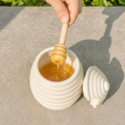 Beehive Shaped Honey Pot and Wooden Honey Dipper