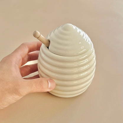 Beehive Shaped Honey Pot and Wooden Honey Dipper