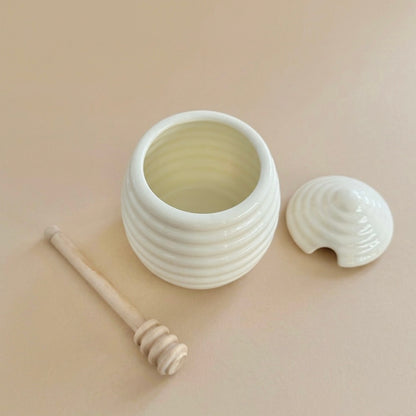 Beehive Shaped Honey Pot and Wooden Honey Dipper
