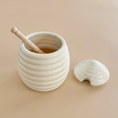 Beehive Shaped Honey Pot and Wooden Honey Dipper