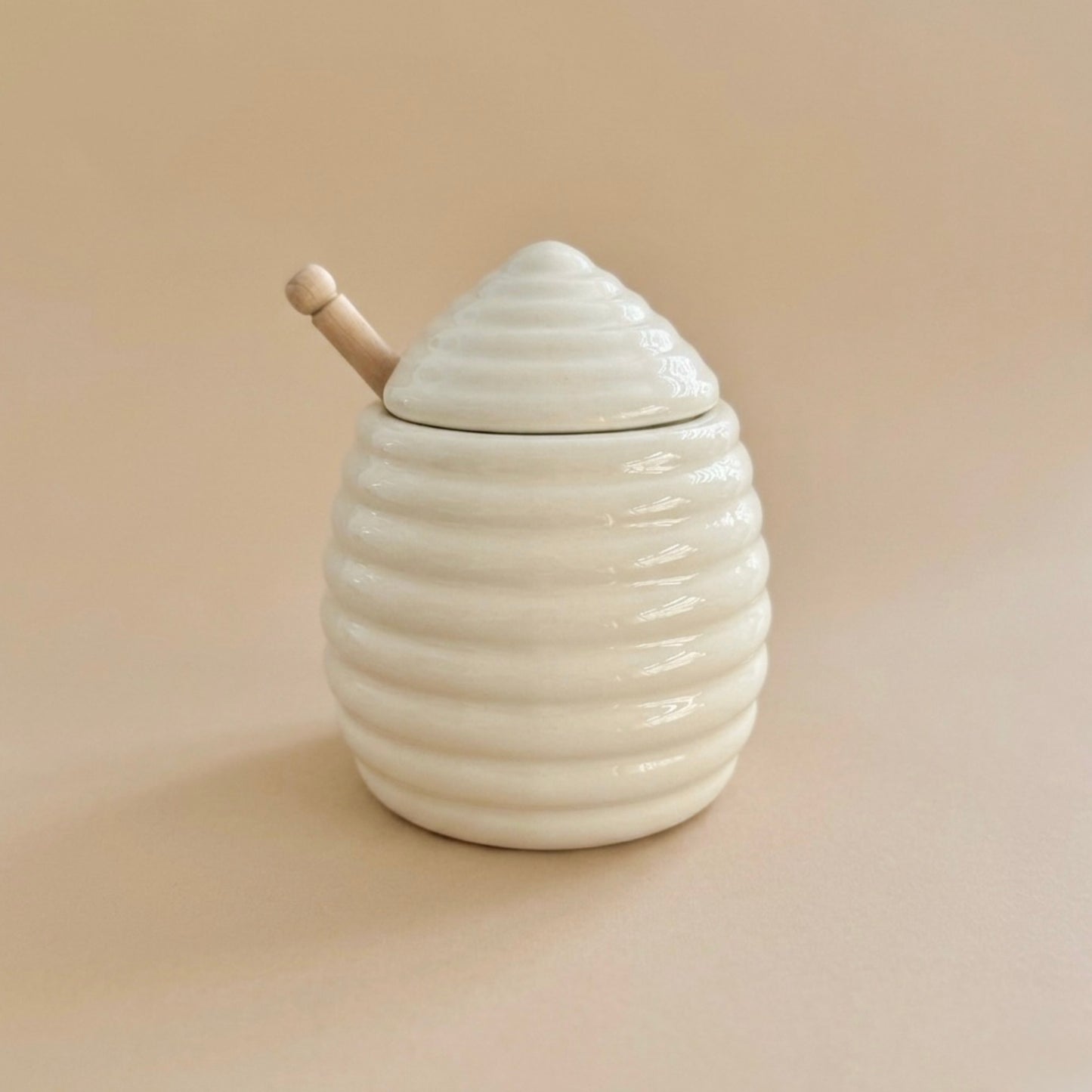 Beehive Shaped Honey Pot and Wooden Honey Dipper