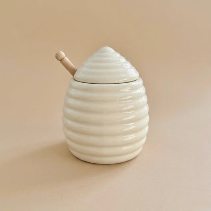 Beehive Shaped Honey Pot and Wooden Honey Dipper