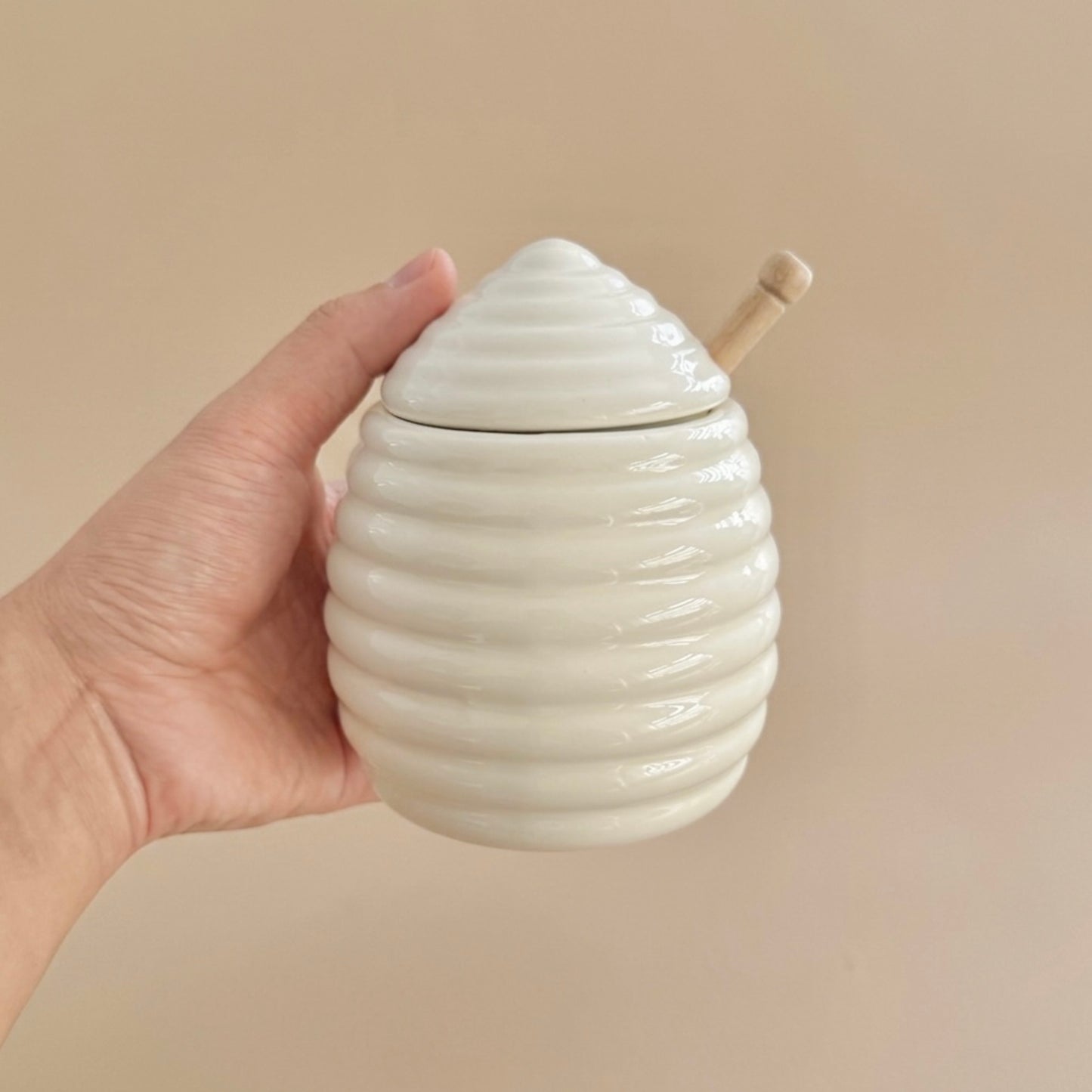 Beehive Shaped Honey Pot and Wooden Honey Dipper