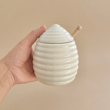 Beehive Shaped Honey Pot and Wooden Honey Dipper