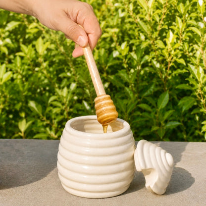Beehive Shaped Honey Pot and Wooden Honey Dipper