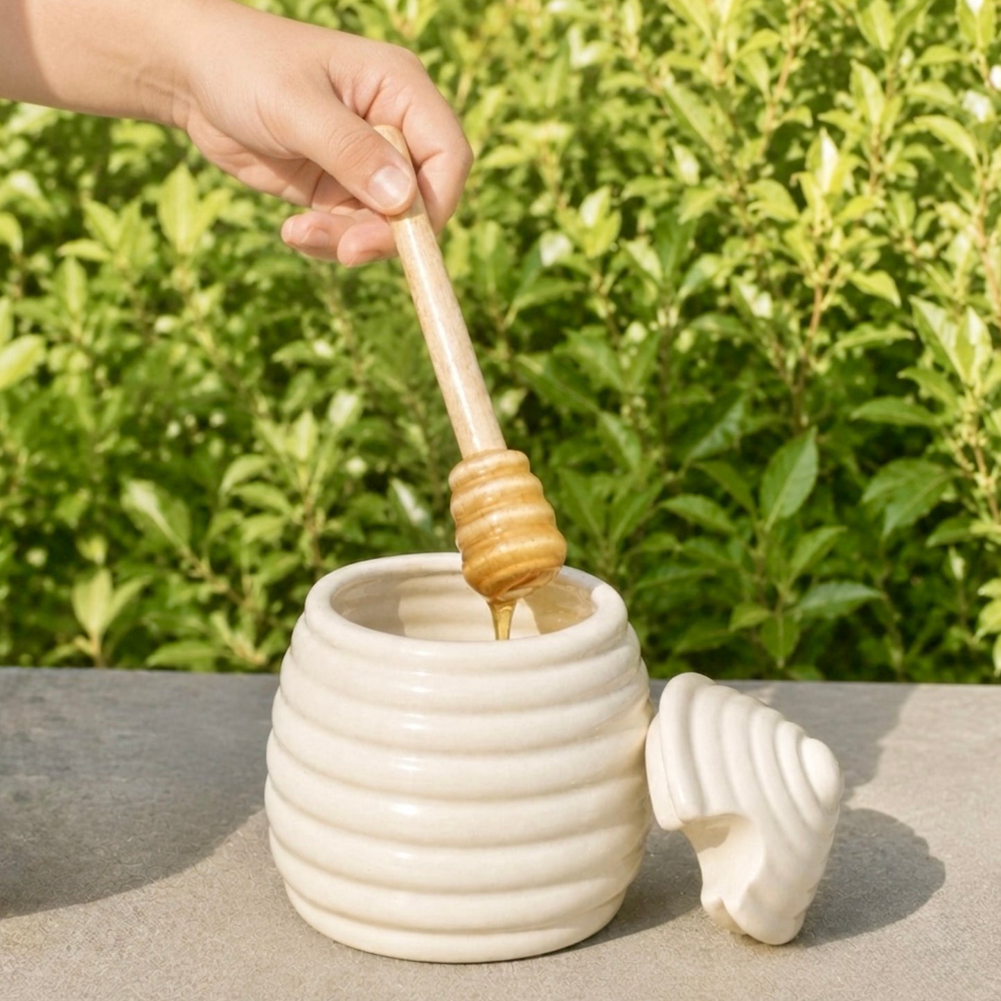 Beehive Shaped Honey Pot and Wooden Honey Dipper