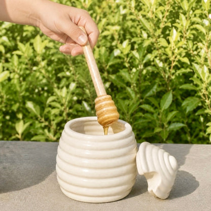 Beehive Shaped Honey Pot and Wooden Honey Dipper
