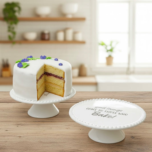 White Ceramic Cake Stand – “Good Things Come to Those Who Bake” Cake Plate