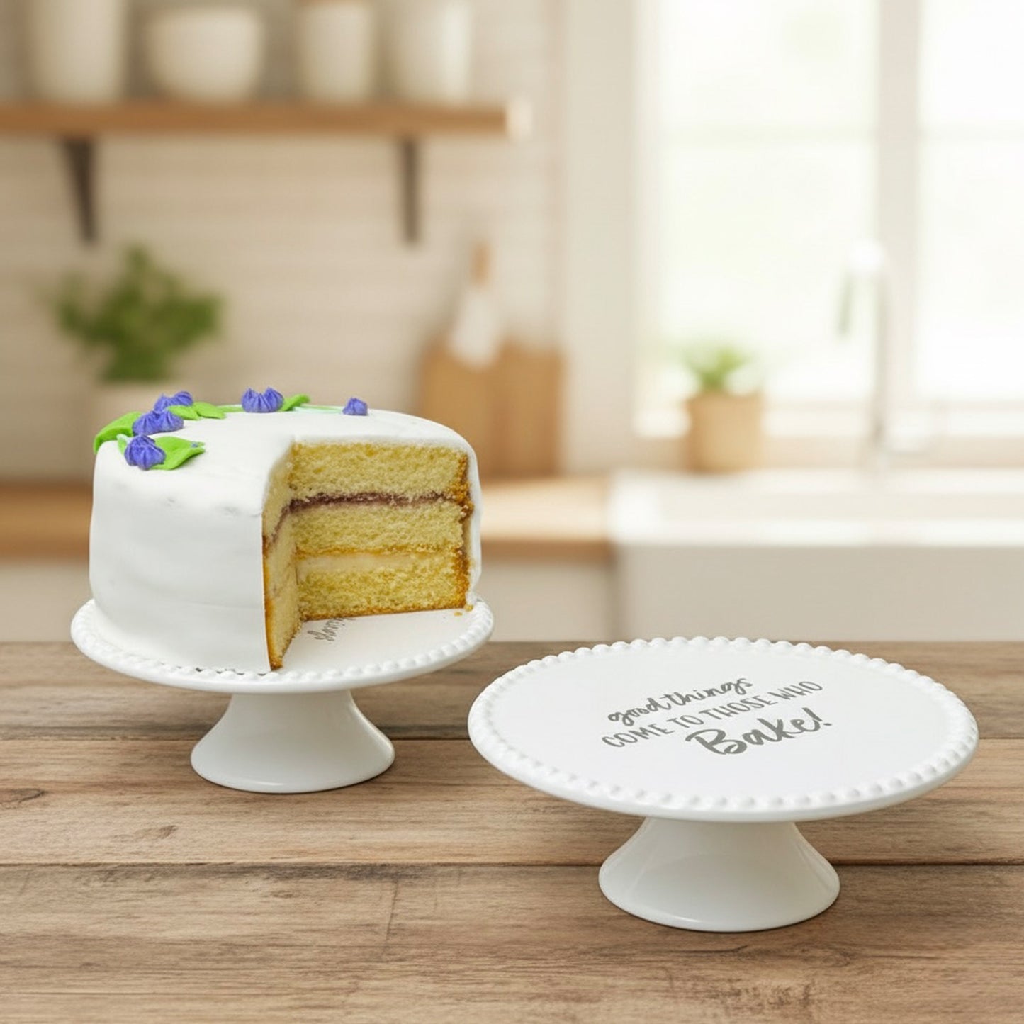 White Ceramic Cake Stand – “Good Things Come to Those Who Bake” Cake Plate