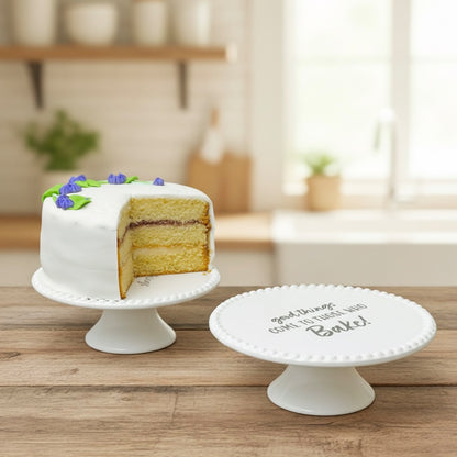 White Ceramic Cake Stand – “Good Things Come to Those Who Bake” Cake Plate