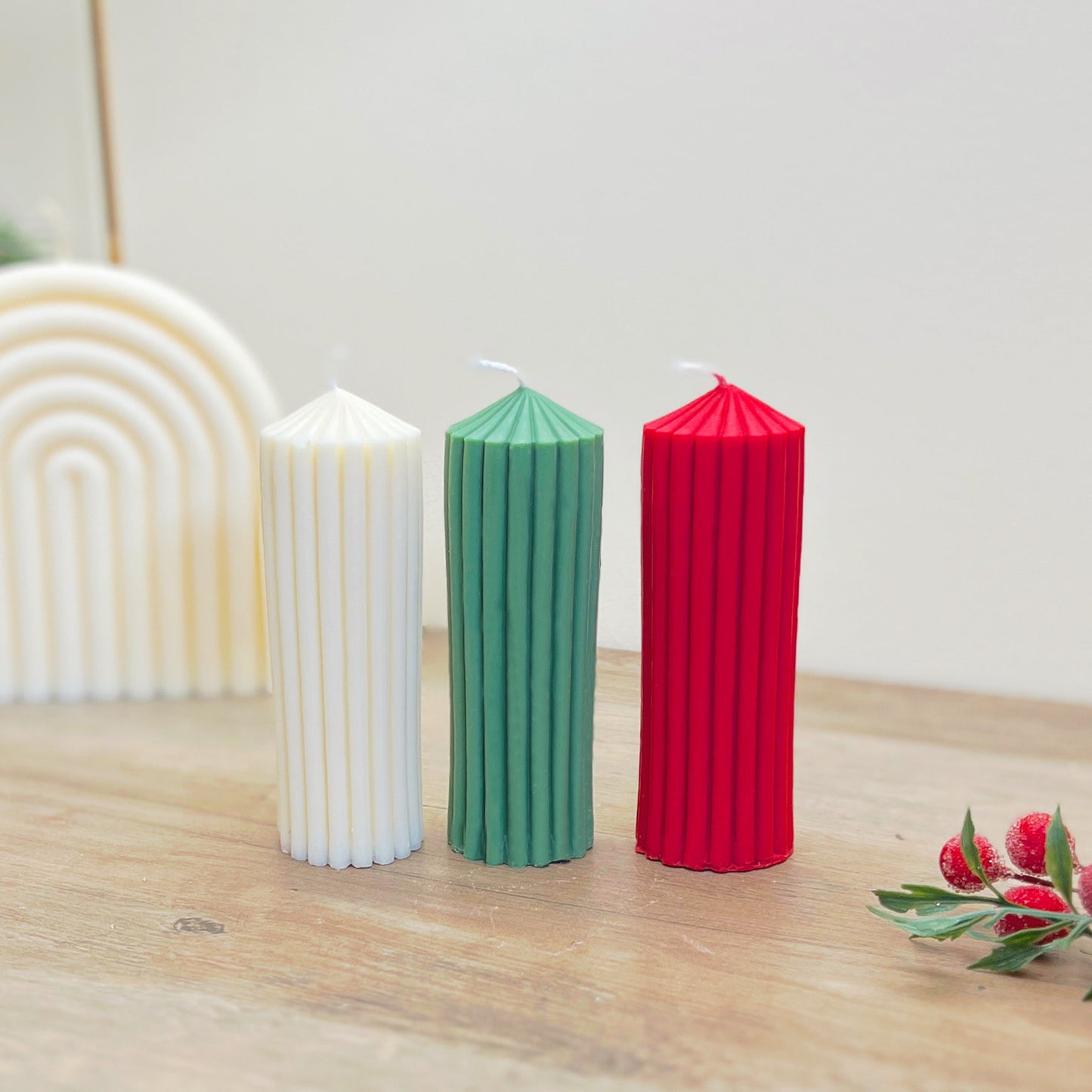 Set of 3 Christmas Pillar Candles - Christmas Dinner Table Candle