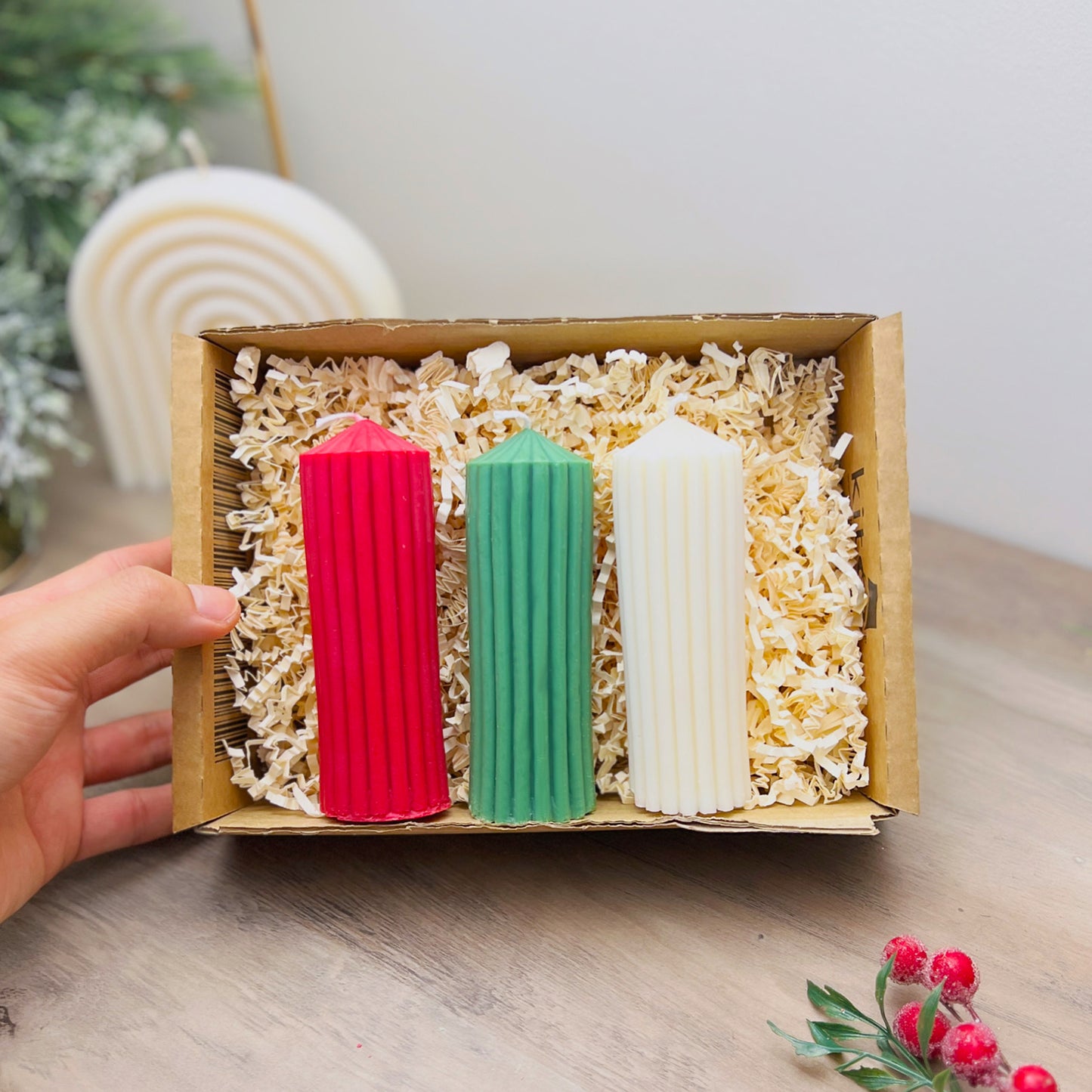 Set of 3 Christmas Pillar Candles - Christmas Dinner Table Candle