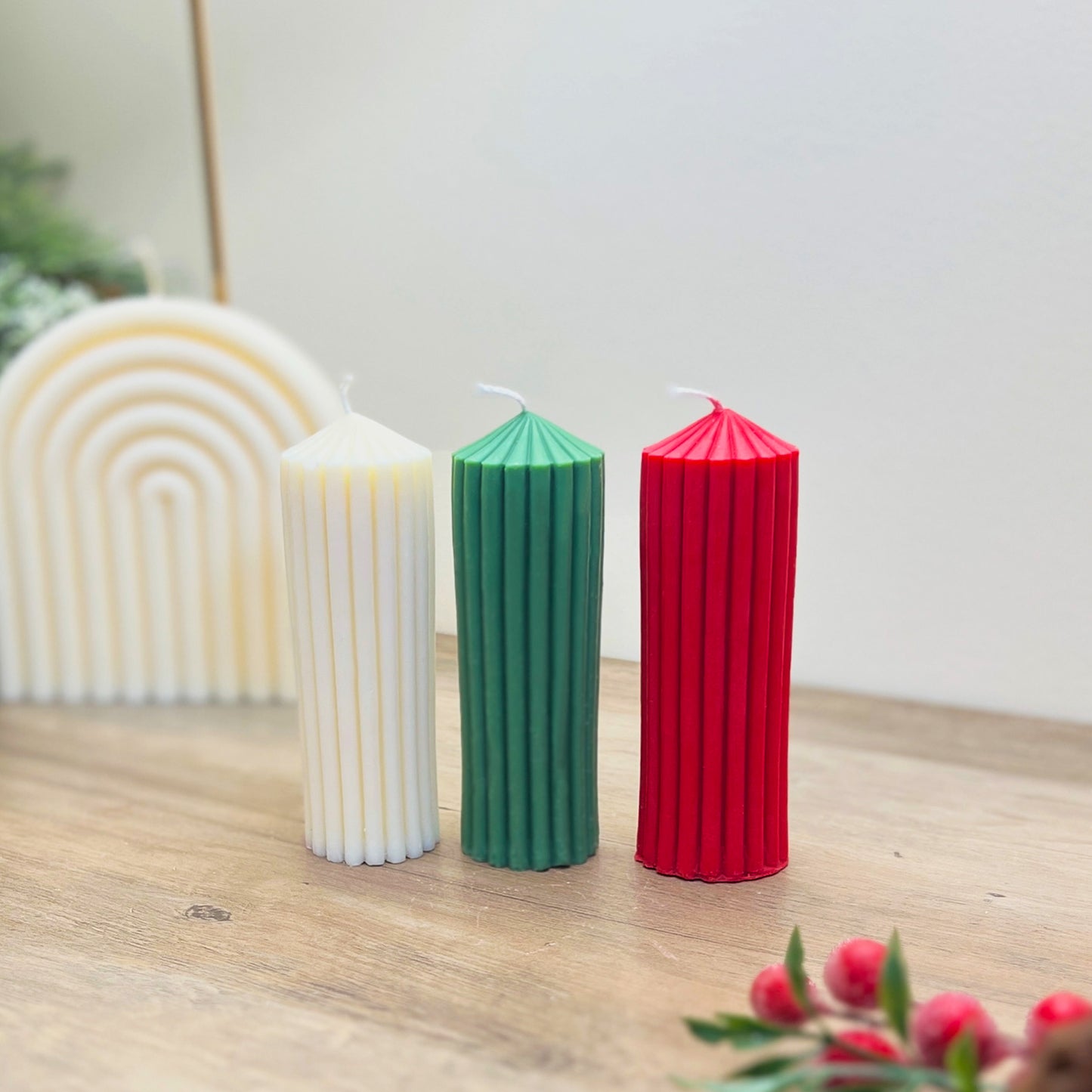 Set of 3 Christmas Pillar Candles - Christmas Dinner Table Candle