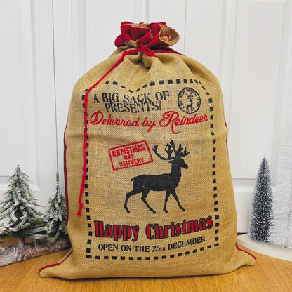 Eco Jute Christmas Gift Sack - Drawstring Christmas Present Sack - Reindeer Gift Bag