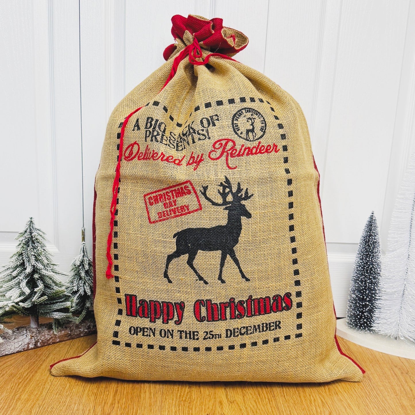 Eco Jute Christmas Gift Sack - Drawstring Christmas Present Sack - Reindeer Gift Bag