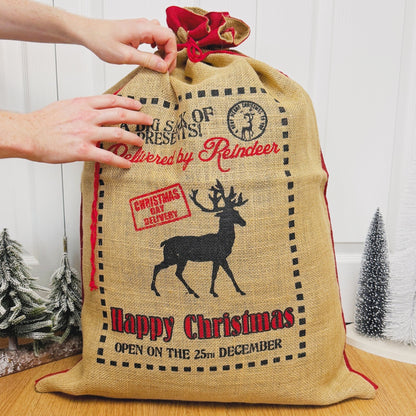 Eco Jute Christmas Gift Sack - Drawstring Christmas Present Sack - Reindeer Gift Bag