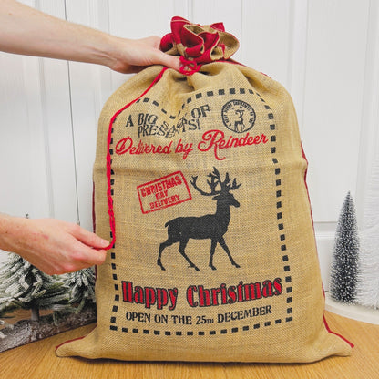 Eco Jute Christmas Gift Sack - Drawstring Christmas Present Sack - Reindeer Gift Bag