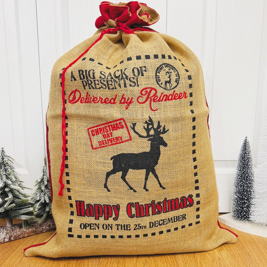 Eco Jute Christmas Gift Sack - Drawstring Christmas Present Sack - Reindeer Gift Bag