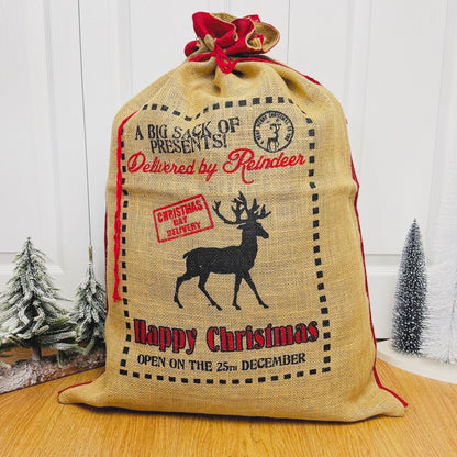 Eco Jute Christmas Gift Sack - Drawstring Christmas Present Sack - Reindeer Gift Bag