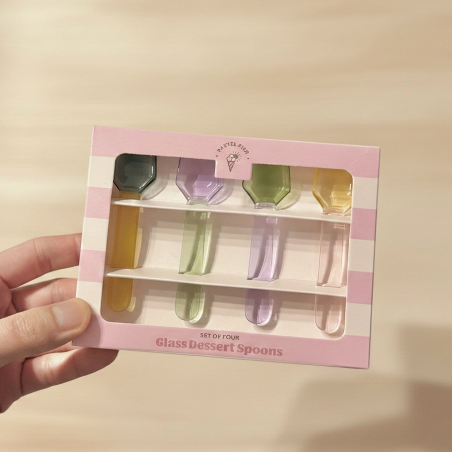 Set of Four Pastel Glass Dessert Spoons and Ice Cream Spoons