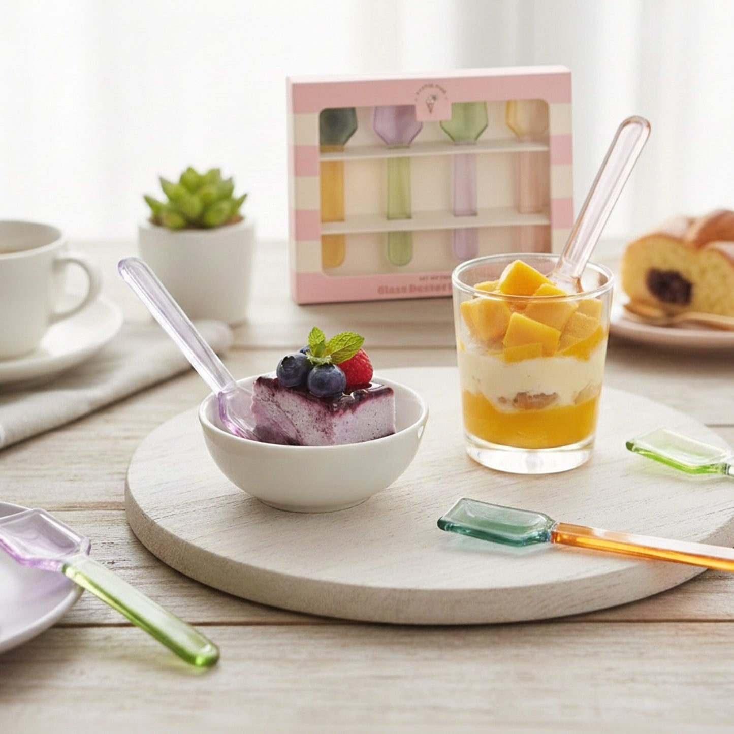 Set of Four Pastel Glass Dessert Spoons and Ice Cream Spoons